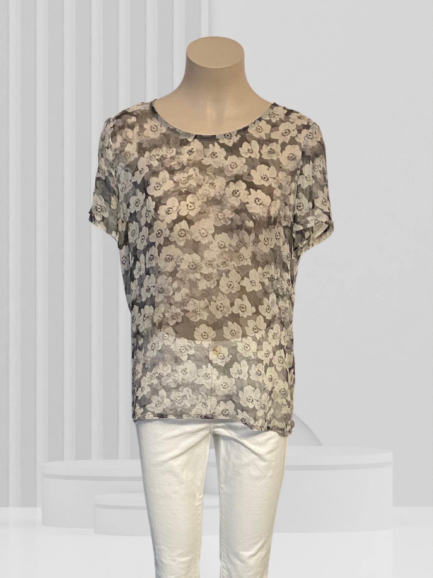 HELEN CHERRY Grey Floral Silk Top Size S