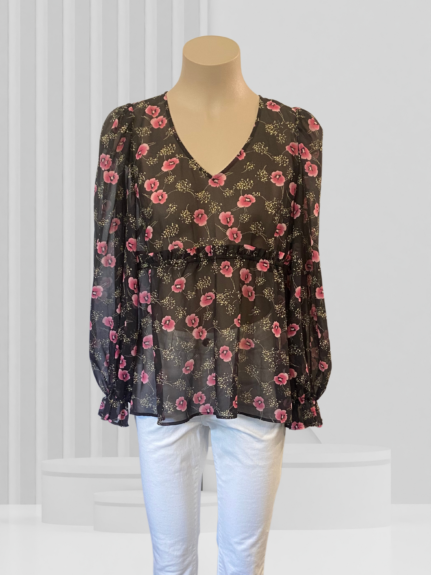DRAMA THE LABEL Black & Pink Floral Top Size 10