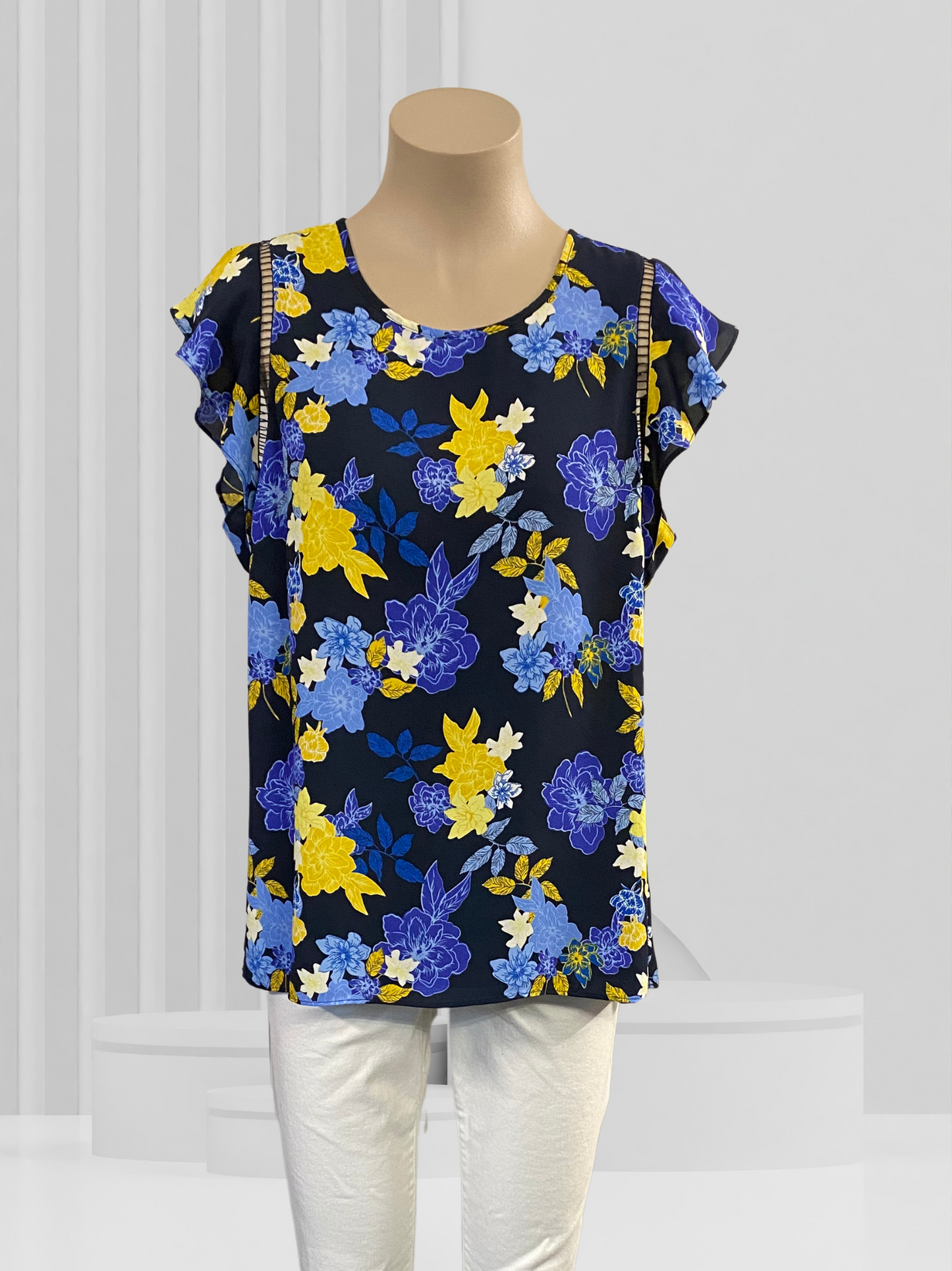 OLIVER BLACK Navy & Yellow Floral Top Size 14