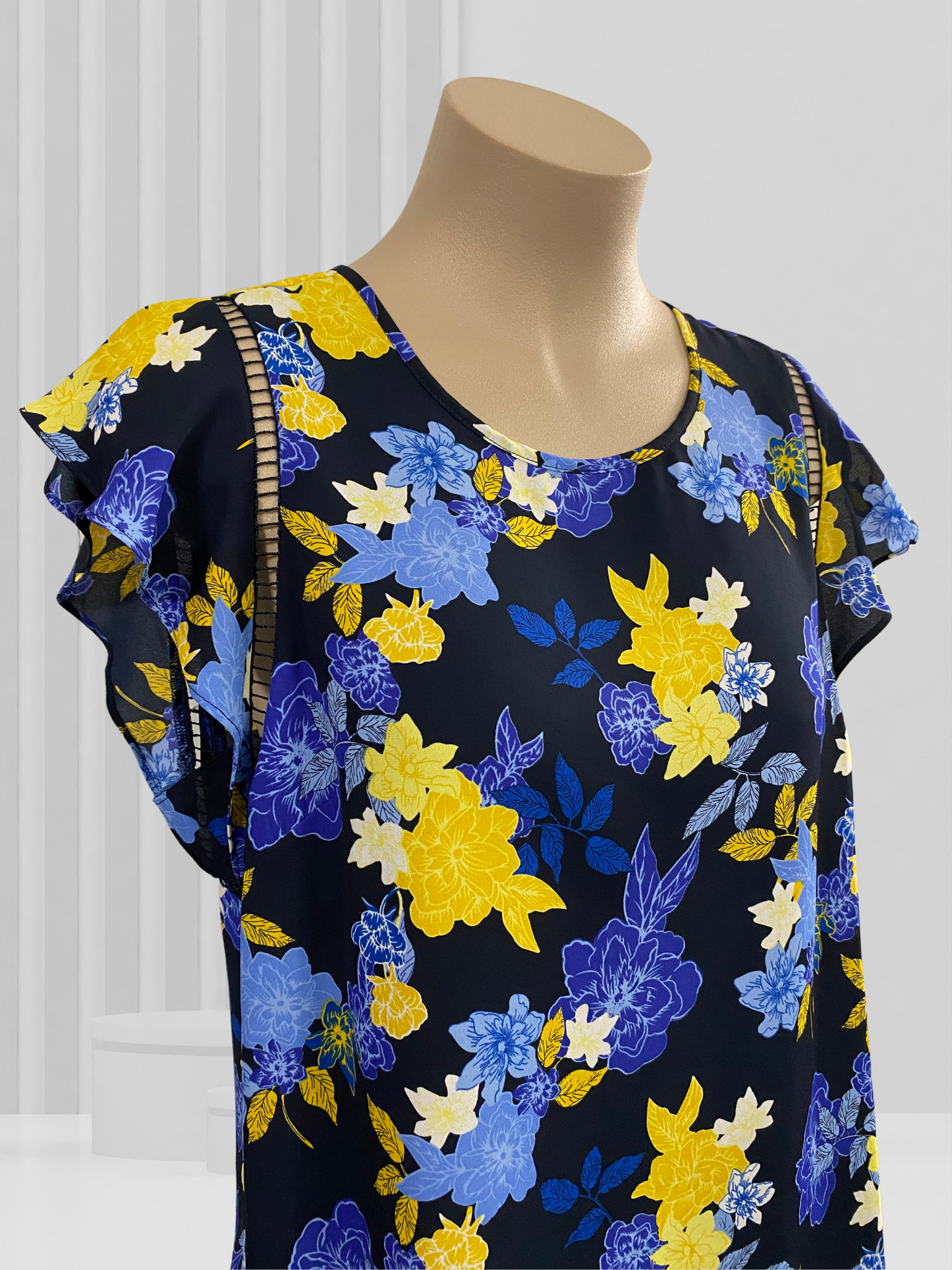 OLIVER BLACK Navy & Yellow Floral Top Size 14