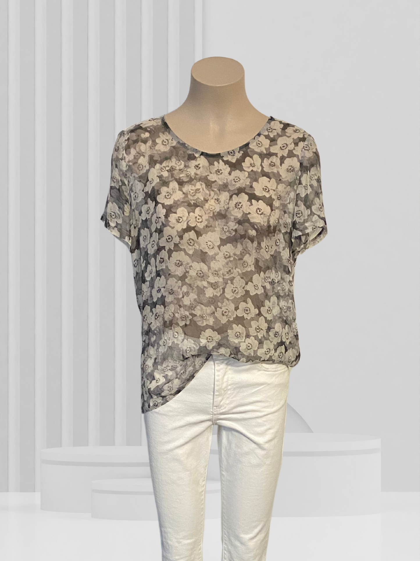 HELEN CHERRY Grey Floral Silk Top Size S