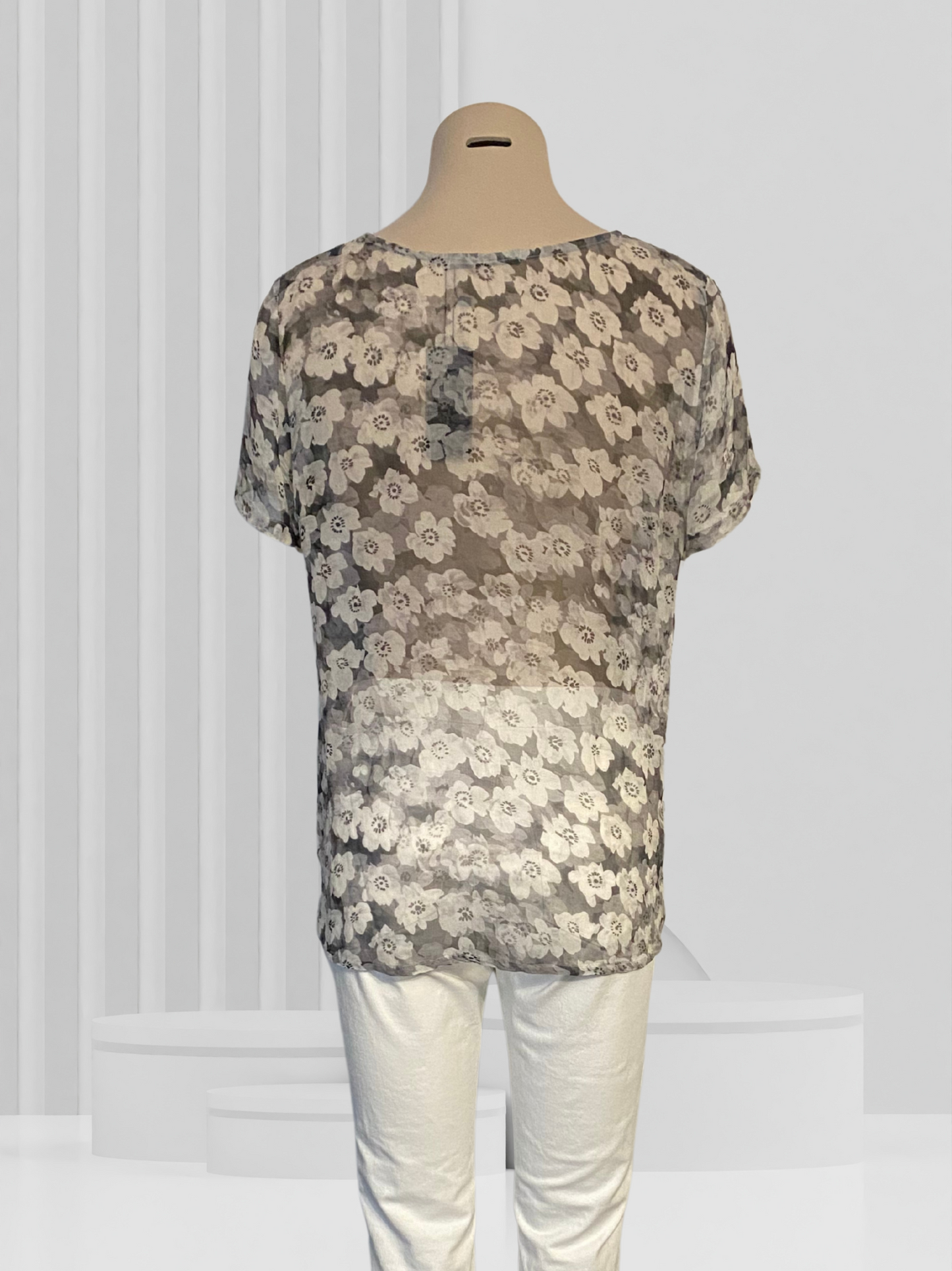HELEN CHERRY Grey Floral Silk Top Size S