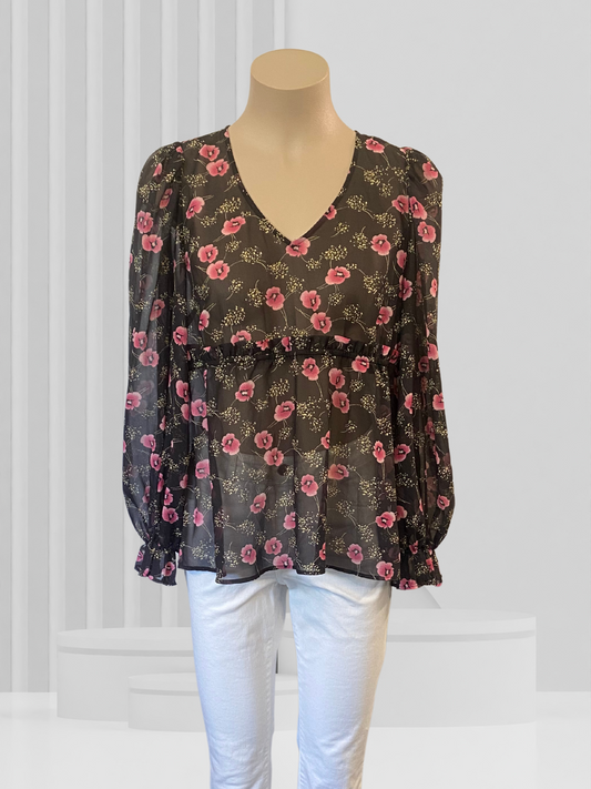 DRAMA THE LABEL Black & Pink Floral Top Size 10