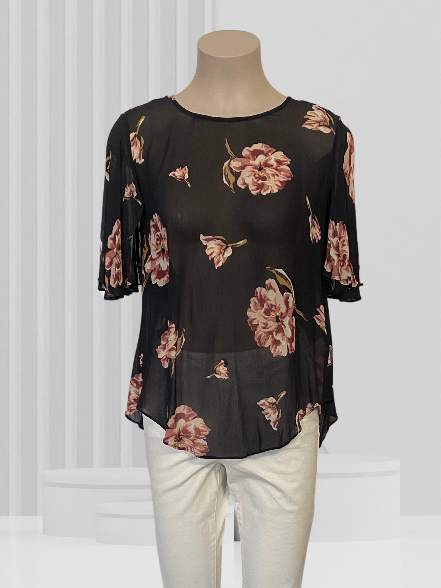 WITCHERY Black & Pink Floral Top Size 8